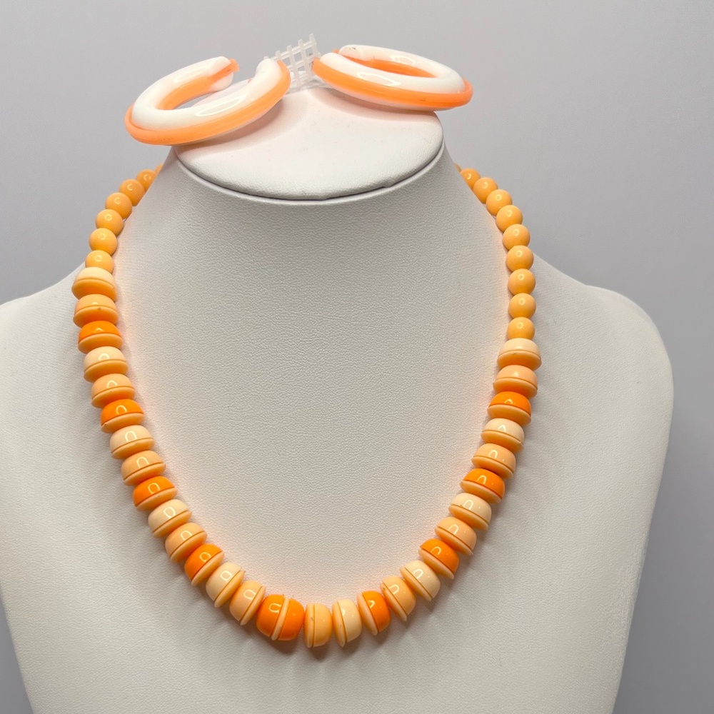 Vintage Peach Color Plastic Bead Necklace and Post Pierced Plastic Earrings